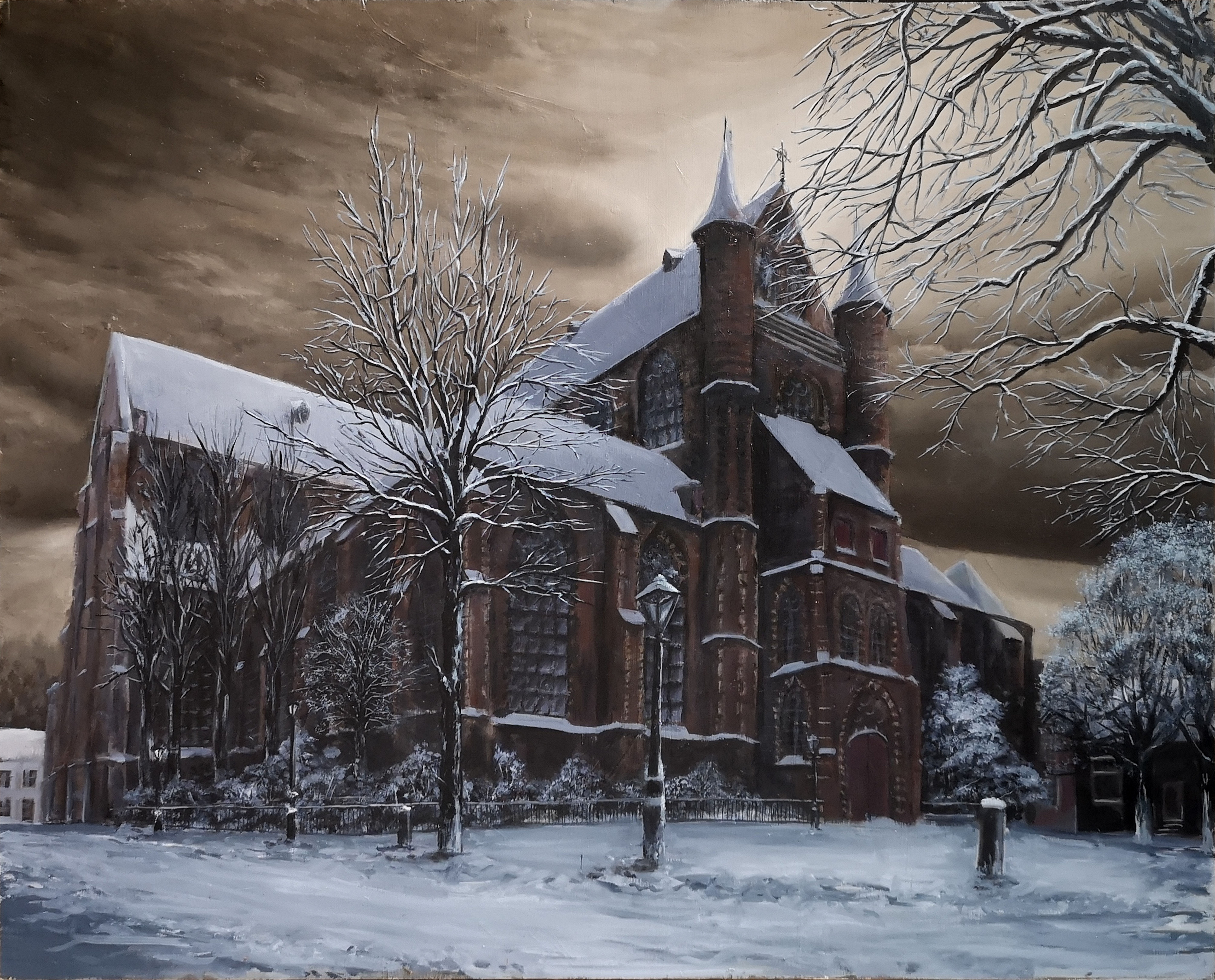 Pieterskerkhof in winter  ^ 56x46 cm - Oil on panel ^ 2020 - for sale 2.800€